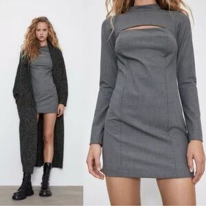 Zara Houndstooth Cutout Gray Long Sleeve Dress